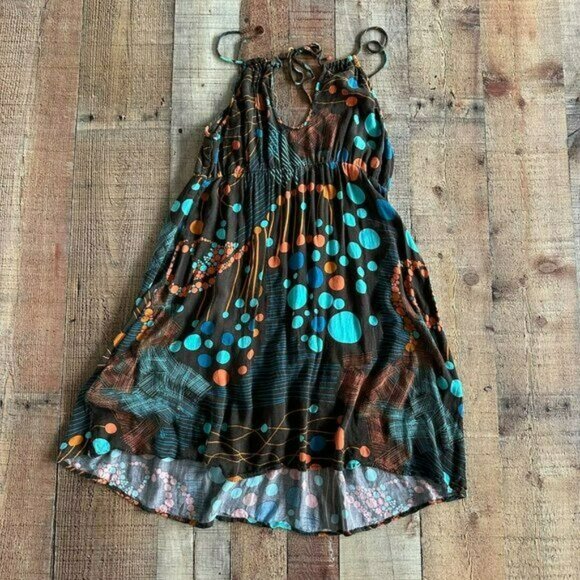 Quiksilver Women's Sleeveless Cami Mini Dress in Brown Blue Orange Polka Dots - Picture 8 of 8